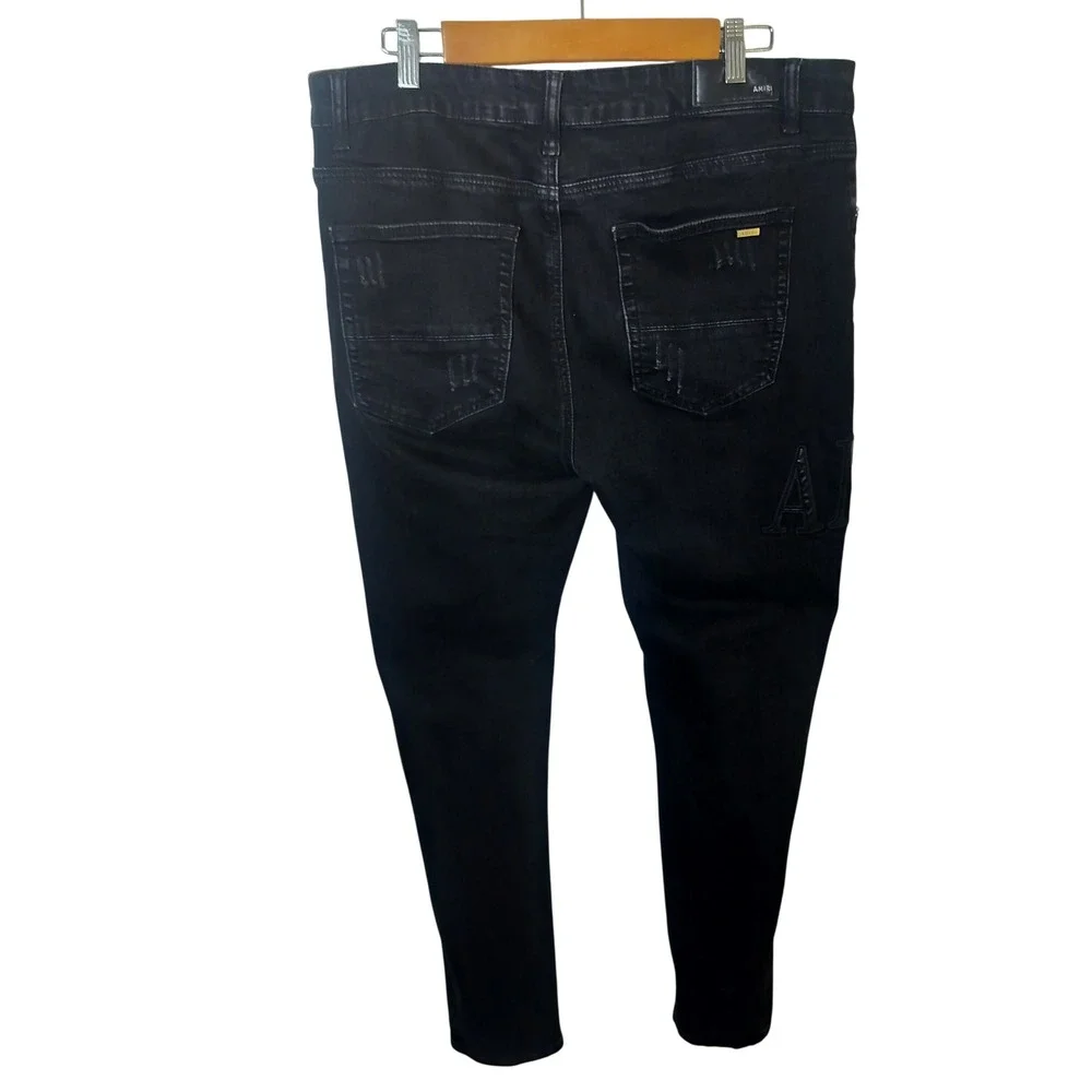 Amiri Mens Distressed Logo Denim Jeans Black Ripped Slim Fit‎ Streetwear 36x34